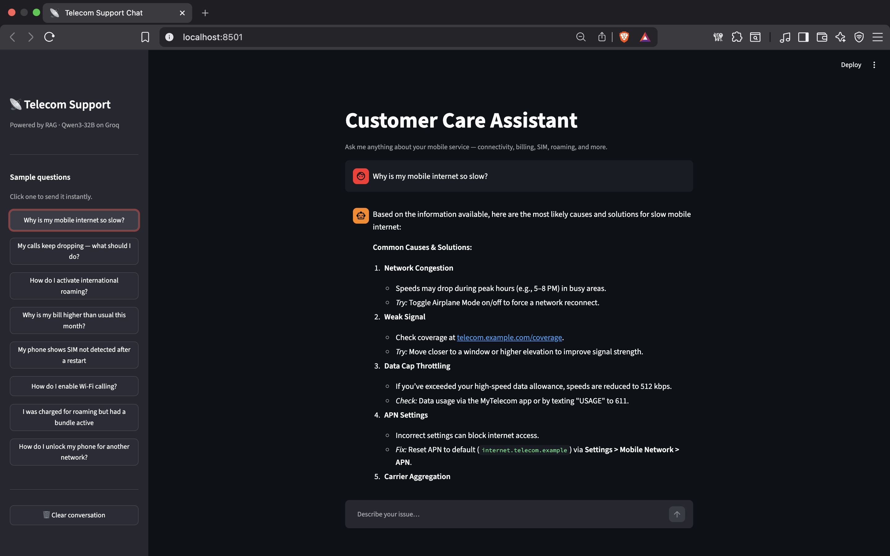 RAG-Based Telecom Customer Support Chatbot